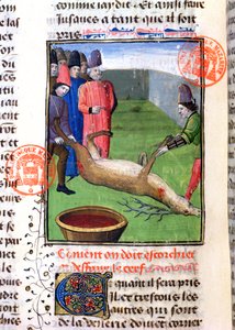 Skæring af benene på en død kronhjort, fra Livre de la Chasse af Gaston Phebus de Foix (1331-91) af French School