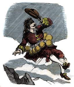 Cyrano de Bergerac rejser sig på himlen takket være hætteglas med rosee og rejse til månen, illustration af romanen af Hercules Savinien Cyrano de Bergerac (1619-1655): "" Den anden verden" af French School