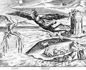 Daedalus flygter fra Kreta med sin søn, Icarus, ser ham falde i døden, 1619 af French School