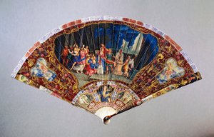 Beskadiget håndvifte i Vernis Martin-stil forestillende Wedding of Nobility, svanelæder med malet elfenbensbeskytterstang, højde 20,5 cm af French School