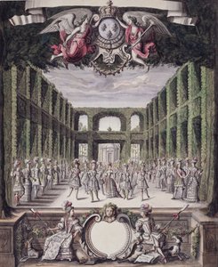 Dans i en formel have fra en samling med titlen Les Menus Plaisirs du Roi (pen & blæk og wc på papir) af French School