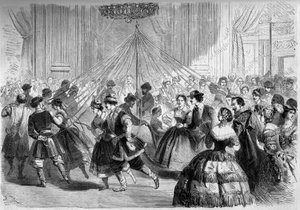 Dans: skatergitteret. Danserne holder et bånd, hvis ende er fastgjort til en majplante i midten af en cirkel. Scene ved bal givet af grev Walewski i 1861. Indgravering i "" Le Monde Illustré"" nr. 202 af 23. februar 1861. af French School