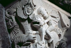 David Slaying the Lion (detalje af en hovedstad) c.1130 (sten) af French School
