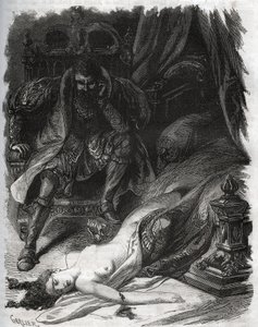 Francoise de Foix, grevinde af Chateaubriant (ca. 1495-1537), myrdet af sin mand Jean de Laval Comte de Chateaubriant (Laval-Chateaubriant) (1486-1543), der således tog hævn over sin kones vantro. Stik fra 1871 i “Histoire Des af French School