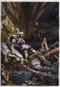 Ridder Rolands død, nevø af Karl den Store, i slaget ved Roncevaux (778) mod Charlemagnes og saracenernes Armee - Rolands død ved slaget ved Roncesvaux Pass, 778 - gravering fra "" L