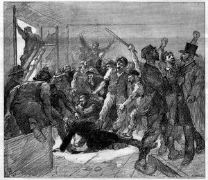 Decazeville (Aveyron) minearbejdere strejker i 1886: ingeniør Watrin blev myrdet af grevisterne. Indgravering i "" Le Monde Illustré", 6. februar 1886. af French School