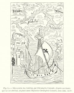 Discovery of the West Indies, af Christopher Columbus; efter en tegning tilskrevet ham og placeret i Epistola Christofori Columbi, udateret, in-8o (gravering) af French School