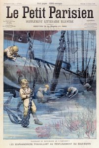 Dybhavsdykkere, der forsøger at hæve Farfadet, fra Le Petit Parisien, 23. juli 1905 af French School