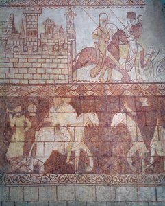 Korsfarer-templarriddernes afgang i 1163 fra deres syriske slot Krak des Chevaliers til slaget ved Boquée af French School