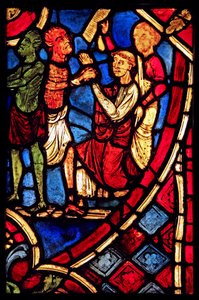 Afbildet Theophilus indgår en aftale med en djævel; fra kirken Varennes-Jarcy (oprindeligt fra Abbey de Gercy?) af French School