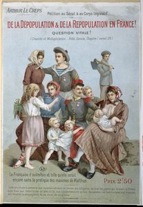 Affolkning og genbefolkning i Frankrig, hæfte af Arthur Le Creps mod malthusianisme, 1895 (farvestik) af French School