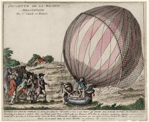 Nedstigning af Aerostatic Machine of Srs. Charles og Robert, pub. 1783 (håndkoloreret gravering) af French School