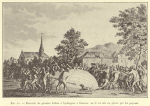 Nedstigning af den første brintballon til Gonesse, hvor den bliver revet i stykker af bønderne (gravering) af French School