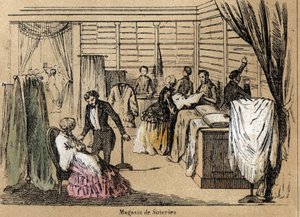 Beskrivelse af kultur og silkeprodukter: en silkebutik. Tavle "" la soie"" i "" les Recreations instructives"" Synoptisk maleri af Jules DELBRUCK, stik fra 1860. Privat samling. af French School