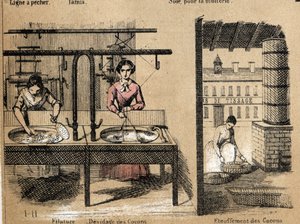 Beskrivelse af afgrøden og silkeprodukterne: arbejdere, der spinder silke, fjerner eller kvæler kokoner. Tavle "" la soie"" i "" les Recreations instructives"" Synoptisk maleri af Jules DELBRUCK, stik fra 1860. Privat samling. af French School