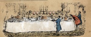 Beskrivelse af koens forskellige produkter og anvendelser: produkter fra koen (ost, oksekød) kan findes på bordet til en hverdagskost under et bal. Tavle "" La coache et ses produits"" i "" les Recreations instructives"" Synoptisk maleri af Ju af French School