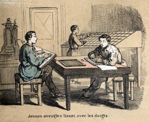 Beskrivelse af de fem sanser: detalje af berøring, unge blinde drenge bruger berøring til at tyde tekster gennem Braille-alfabetet, et taktilt skriftsystem. Tallerken "" Les cinq sens"" i "" les Recreations instructives"" Synoptisk maleri af Jules Delbruck af French School
