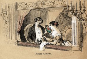 Beskrivelse af de fem sanser: lugt, tilskuere i en operaloge, badet i duften af blomster og tobak. Tavle "" Les cinq sens"" i "" les Recreations instructives"" Synoptisk maleri af Jules Delbruck, gravering fra 1860. Privat samling af French School