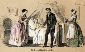 Beskrivelse af de fem sanser: berøring, en læge, der tager pulsen på en syg pige. Tavle "" Les cinq sens"" i "" les Recreations instructives"" Synoptisk maleri af Jules Delbruck, stik fra 1860. Privat samling. af French School