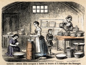 Beskrivelse af de forskellige jobs og fåreprodukter: unge mælkeproducenter, der laver smør og oste på et mejeri. Tavle "" Les Moutons"" i "" les Recreations instructives"" Synoptisk maleri af Jules DELBRUCK, gravering fra 1860. Privat samling. af French School