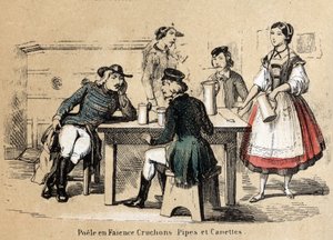 Beschreibung der verschiedenen Herstellungsschritte und Verwendungen von Ton: Tonprodukte (Irdenware-Ofen, Krüge, Pfeifen und Dosen). Tafel „Der Ton und seine Produkte“ in „Les Recreations instructives“. Synoptisches Gemälde von Jules Delbruck, Gravur von 