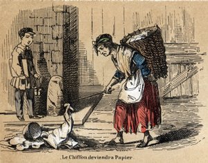 Beskrivelse af de forskellige produkter og anvendelser af papir: samlingen af gamle klude, som papiret stammer fra. Tavle "" Le papier et ses produits"" i "" les Recreations instructives"" Synoptisk maleri af Jules Delbruck, gravering fra 1860. Privat af French School