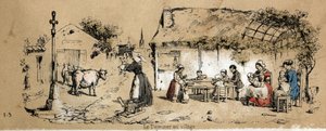 Beskrivelse af koens forskellige produkter og anvendelser: scene for dagliglivet i en landsby. Tavle "" La coache et ses produits"" i "" les Recreations instructives"" Synoptisk maleri af Jules DELBRUCK, stik fra 1860. Privat samling. af French School