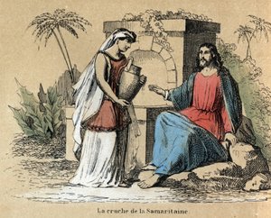 Beskrivelse af de forskellige stadier af fremstilling og brug af ler: Jesus og samaritaner bærer en lerkande i Bibelen. Tavle "" Leret og dets produkter"" i "" Les Recreations instructives"" Synoptisk maleri af Jules DELBRUCK, gravering fra 1860. Privat af French School
