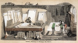 Beskrivelse af de forskellige fremstillings- og anvendelsesstadier af glas: et værksted til forgyldning, polering og stempling af glas. Tallerken "" Glas og dets produkter"" i "" Les Recreations instructives"" Synoptisk maleri af Jules DELBRUCK, gravering  af French School