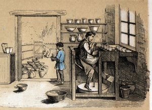 Beskrivelse af de forskellige fremstillingsstadier og anvendelser af ler: en keramiker arbejder på skift. Tavle "" Leret og dets produkter"" i "" Les Recreations instructives"" Synoptisk maleri af Jules DELBRUCK, gravering fra 1860. Privat samling. af French School