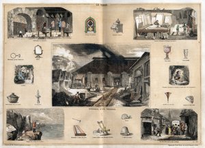 Beskrivelse af de forskellige fremstillingsstadier og anvendelser af glas: billede af det indre af en glasfabrik, fremstilling af flasker i et glaspusterværksted, forgyldning, polering og stempling af is og forskellige genstande (mikroskop, spejl, glas, te af French School