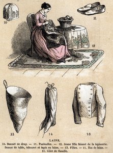 Beskrivelse af de forskellige anvendelser og produkter af får: gobelin og uldprodukter, hat, hjemmesko, uldstrømper, flannelvest. Tavle "" Les Moutons"" i "" les Recreations instructives"" Synoptisk maleri af Jules DELBRUCK, gravering fra 1860. Privat af French School