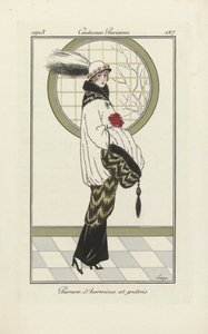 Design til Hermelin- og Ildkat-ensemble, fra Costumes Parisien, pub.1913 (pochoir print) af French School