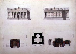 Design til et mausoleum i græsk revivalstil, C.1835 (pen og blæk med akvarel på papir) af French School