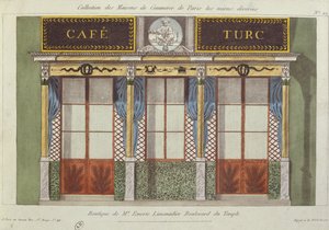 Design til facaden på Cafe Turc, fra en serie, der viser de bedst dekorerede kommercielle bygninger i Paris, ca. 1810 af French School