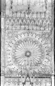Design til rosenvinduet og kongegalleriet på facaden af Strasbourg-katedralen, ca. 1380 (pen & blæk & gouache på papir) (se detalje 207685) af French School