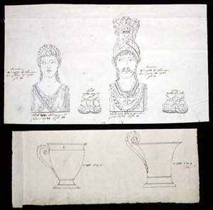Designs til ormolu-møbelbeslag af forgyldt bronze og porcelænskopper fra det franske imperium, ca. 1820 (pen og blæk på papir) af French School