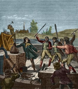 Ødelæggelse af Papins dampbåd - Denis Papin (1647-1712) ser sin hjuldamper ødelagt af bådsmændene i Muenden i 1707 - Les Bateliers de Munden smadre dampbåden af Denis Papin (1647-1712) - Indgravering i "" Videnskaber sat ved rækkevidde Af alle - af French School
