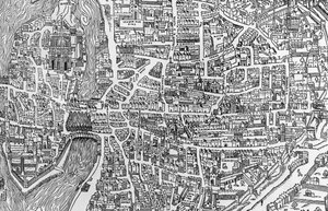 Detalje fra et kort over Paris under Henri II