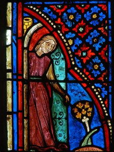 Detalje fra et vindue, der viser scener fra St. Mary den egyptiske liv af French School