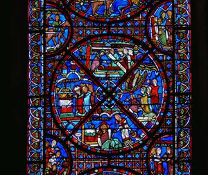 Detalje fra et vindue, der viser scener fra St. Stephens liv af French School