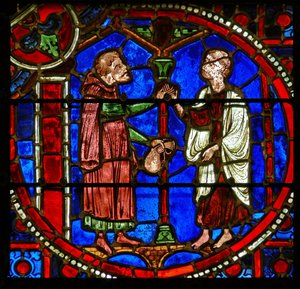Detalje fra et vindue, der viser scener fra Theophilus