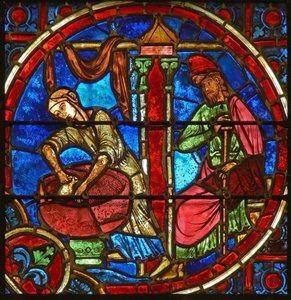 Detalje fra et vindue, der skildrer fødselaren af French School