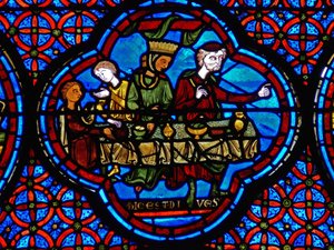 Detalje fra et vindue, der viser lignelsen om Lazarus og dyk af French School