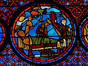 Detalje fra et vindue, der viser lignelsen om Lazarus og dyk af French School