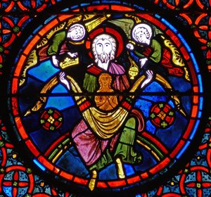 Detalje fra et vindue, der viser lignelsen om Lazarus og dykker: Lazarus i Abrahams skød af French School