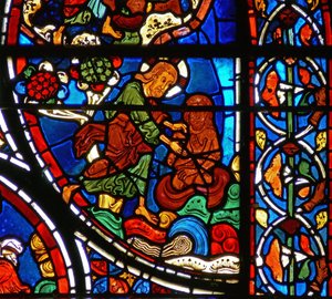 Detalje fra et vindue, der forestiller lignelsen om den barmhjertige samaritaner: Gud skaber mennesket af ler af French School