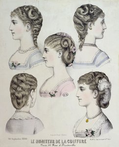 Forskellige frisurer, tallerken fra Le Moniteur de la Coiffure, 1880 af French School