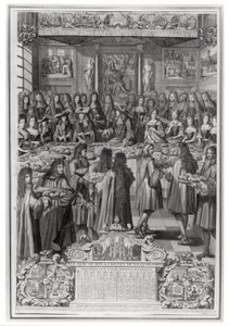 Middag for Ludvig XIV (1638-1715) på Hotel de ville, 30. januar 1687, fra kalenderen for året 1688 af French School