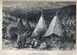 Opdaget Canada: American Indian Camp med tipier. Tegning af Riou efter en skitse af Dixon. Indgravering fra slutningen af det 19. århundrede i "La nouvelle France" af Eugene Guenin. af French School